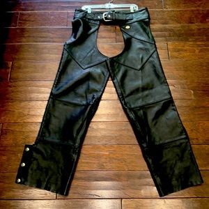 Men’s large Harley Davidson, leather chaps. Used but good condition.